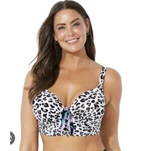 Swimsuits For All Bikini Top Beige Animal Print Tropical Bow Plus Sz 38DD EUC